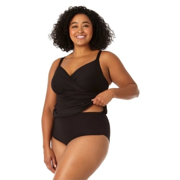 Anne Cole Women's Twist Front Underwire Shirred Tankini Swim Top Black Swimsuit - Picture 2 of 10